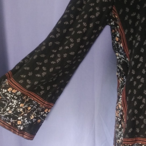 Lucky Brand, boho, black printed, 3/4 sleeve, top - Picture 4 of 12